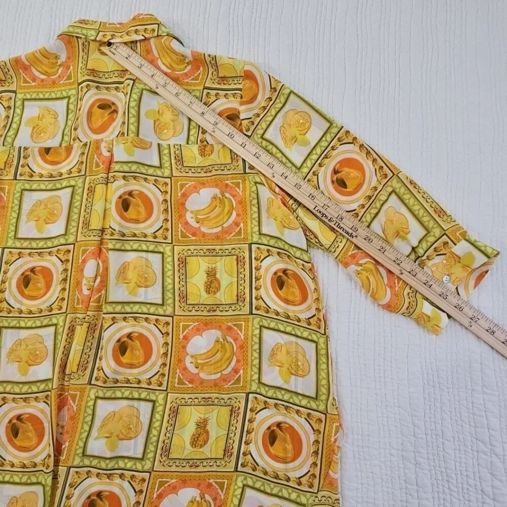 Rose + Olive Top Women's 1X Tropical Fruit Motif Yellow 3/4 Sleeve NWT Old Money